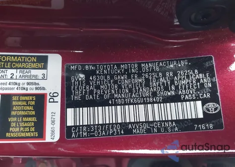 2016 Toyota Camry Hybrid Le z USA, uszkodzony, nr VIN 4T1BD1FK6GU198402